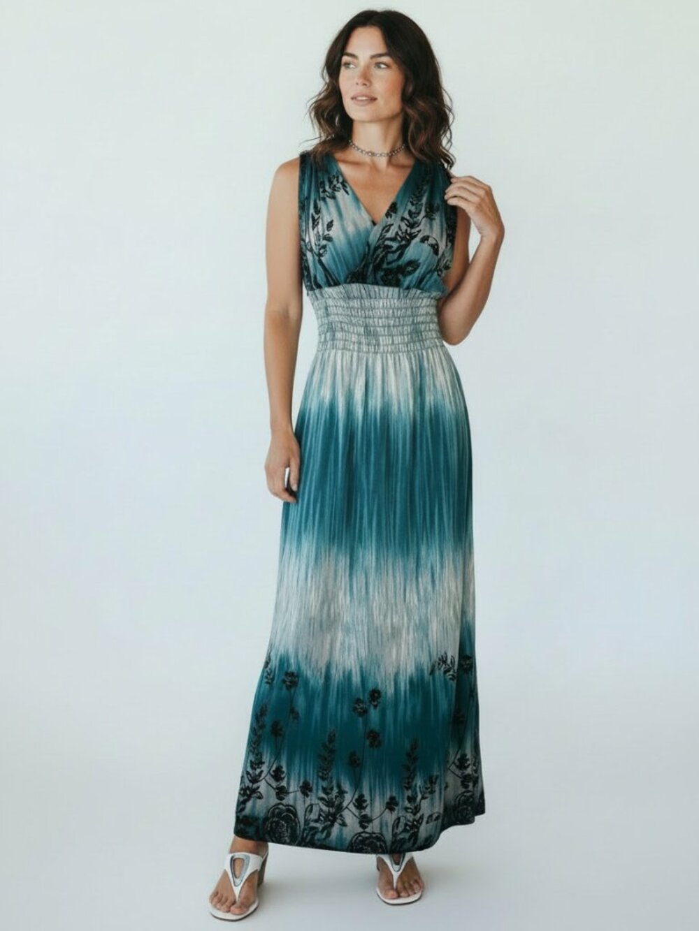 Teal Ombre Maxi Dress with Floral Detail